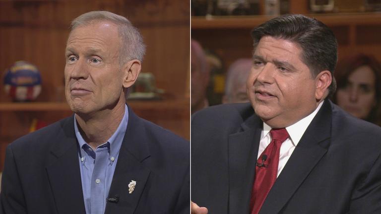 Gov. Bruce Rauner and J.B. Pritzker appear on “Chicago Tonight” on Aug. 14, 2017 and March 14, 2018, respectively.