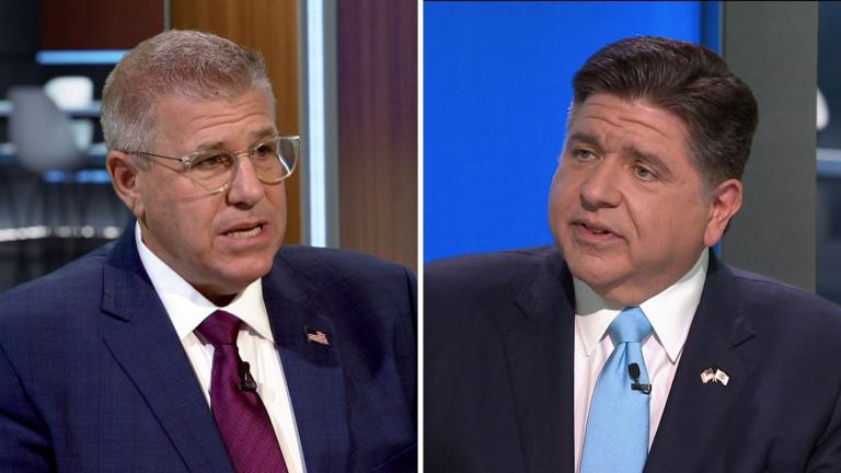 From left: Republican gubernatorial candidate Darren Bailey and incumbent Democratic Gov. JB Pritzker speak during a WTTW News forum on Oct. 13, 2026. (WTTW News)