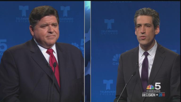 Democratic candidates for governor J.B. Pritzker, left, and state Sen. Daniel Biss, right, spar during Tuesday’s debate. (Courtesy of NBC 5)