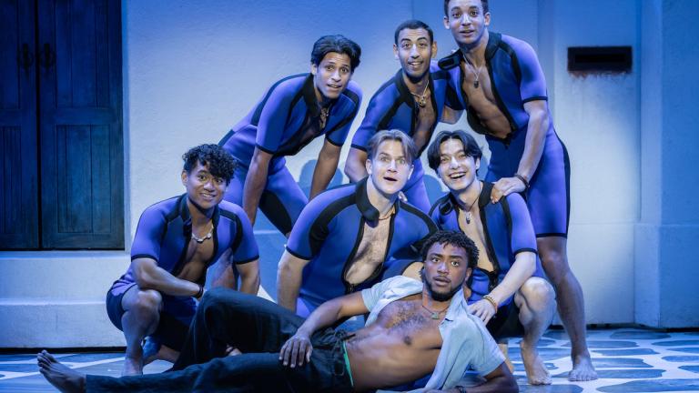 Grant Reynolds, bottom center, and the company of “Mamma Mia!” (Credit: Joan Marcus)