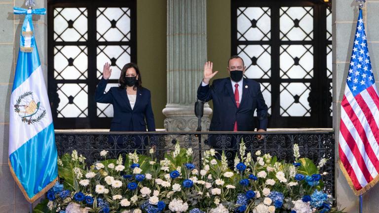 Vice President Kamala Harris and Guatemalan President Alejandro Giammattei, pose for an official photograph, Monday, June 7, 2021, at the National Palace in Guatemala City. (AP Photo / Jacquelyn Martin)