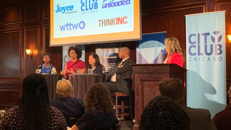 Panelists gathered for a conversation moderated by WTTW’s Joanna Hernandez about the role of youth and social media in reducing gun violence at Maggiano's Banquets in the Near North Side on October 8, 2024. The conversation is the final installment of a three-part series about ending gun violence in the city hosted by the Joyce Foundation, WTTW and City Club of Chicago. (Eunice Alpasan / WTTW News)