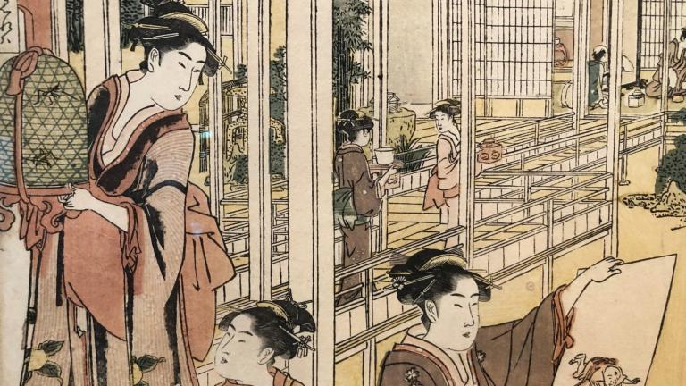 Artwork on display in “Hokusai & Ukiyo-e: The Floating World” at the Cleve Carney Museum of Art. (Marc Vitali / WTTW News)