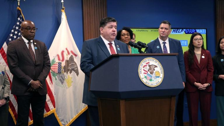 Gov. J.B. Pritzker speaks at a news conference Oct. 30, 2024, to unveil the state’s new Help Stop Hate program. He’s joined by (left to right) Illinois Attorney General Kwame Raoul, Illinois Lt. Gov. Juliana Stratton, Illinois Department of Human Rights Director Jim Bennett, and Executive Director of Asian Americans Advancing Justice Chicago Grace Pai. (Amalia Huot-Marchand / Medill Illinois News Bureau)
