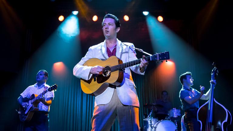 From left: Matt Codina, Eddie Clendening, Jamie Pittle and Zach Lentino in “Heartbreak Hotel” at the Broadway Playhouse. (Credit: Brett Beiner)