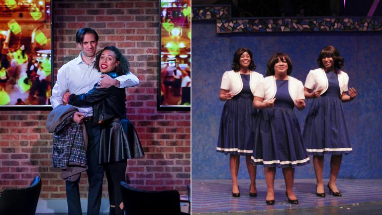 Left: David Sajewich, Kyrie Courter in “Company.” (Photo by Brett A. Beiner). Right: Renelle Nicole, Jessica Brooke Seals and Kylah Williams in “A New Attitude.” (Photo credit: Alan Davis) 