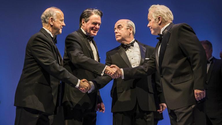 Jim Ortlieb (George Shultz), Rob Riley (Ronald Reagan), William Dick (Mikhail Gorbachev), and Steve Pickering (Eduard Shevardnadze) in “Blind Date” by Rogelio Martinez. (Liz Lauren / Goodman Theatre)