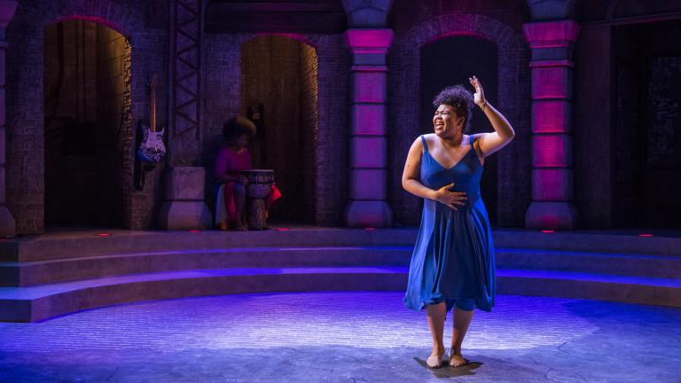 Melody Angel and Melissa DuPrey in Court Theatre’s production of “For Colored Girls Who Have Considered Suicide/When the Rainbow Was Enuf.” (Photo by Michael Brosilow) 