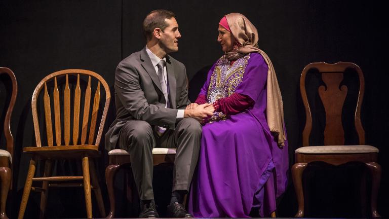 Michael Perez (Sam) and Laura Crotte (Sara) in “Yasmina’s Necklace” at Goodman Theatre. (Photo by Liz Lauren)