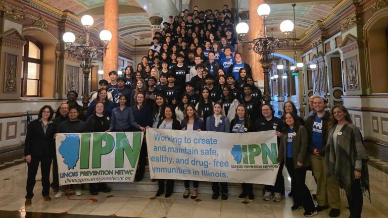 Students with the Illinois Prevention Network at the Capitol on Wednesday, Feb. 25, 2026, pushing for bills aimed at drug regulation and reduction. (Courtesy of Kate Bell / Illinois Prevention Network)