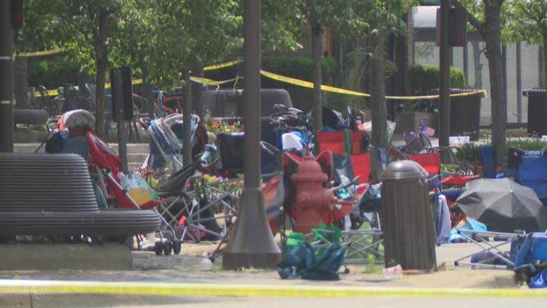 Downtown Highland Park is pictured on July 5, 2022, a day after a mass shooting occurred at the Fourth of July parade. (WTTW News)