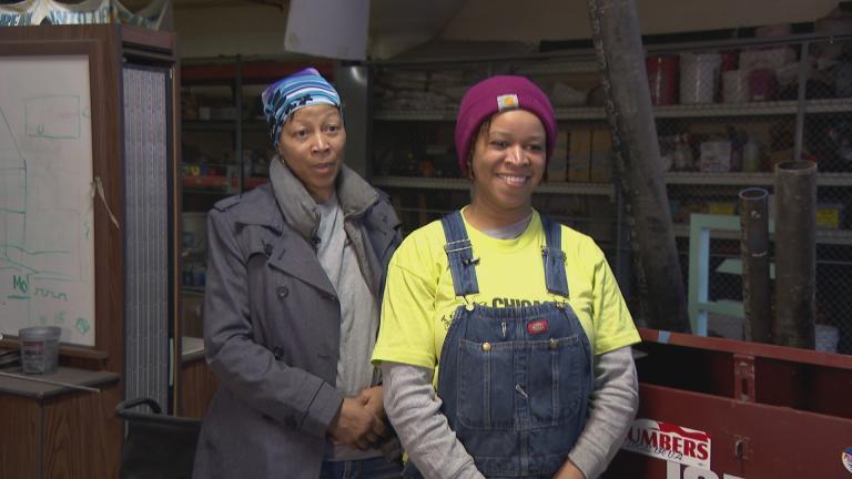 Zahrah Hill, who’s a plumber, and her mother Renee Wilson-Hill, a turbine generator winder, started their careers through Chicago Women In Trades. (WTTW News)