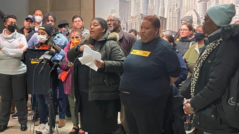 Members of the Chicago Coalition for the Homeless rally in support of the Bring Chicago Home ordinance on Monday, Nov. 14, 2022. (Heather Cherone / WTTW News)