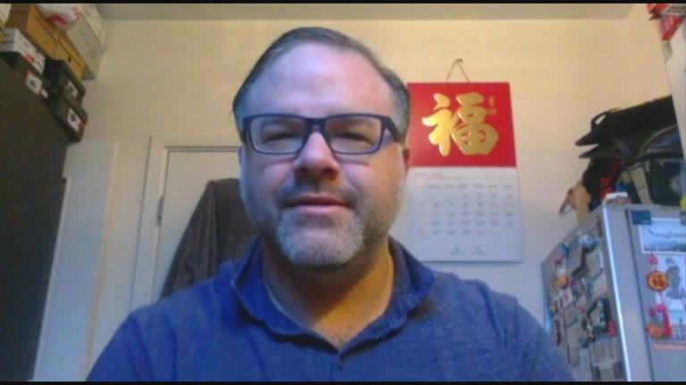 Josh Blue, a vice principal at English Schools Foundation Kennedy School in Hong Kong, speaks with “Chicago Tonight” via Zoom on Monday, April 13, 2020. (WTTW News)