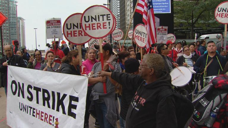 Hotel workers strike in front of the Hyatt Regency Chicago on Monday, Oct. 1, 2018. Hotel workers strike in front of the Hyatt Regency Chicago on Monday, Oct. 1, 2018.