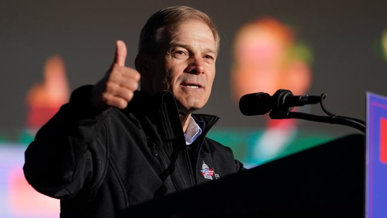 Rep. Jim Jordan, R-Ohio, speaks before former President Donald Trump at a rally at Dayton International Airport on Nov. 7, 2022, in Vandalia, Ohio. (AP Photo / Michael Conroy, File)
