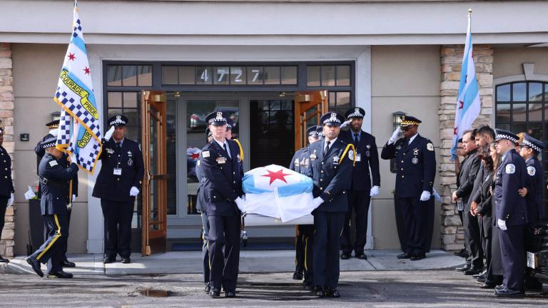 A casket carrying the body of fallen Officer Luis Huesca is carried by fellow officers before funeral services April 29, 2024. (Credit: Chicago Police Department)