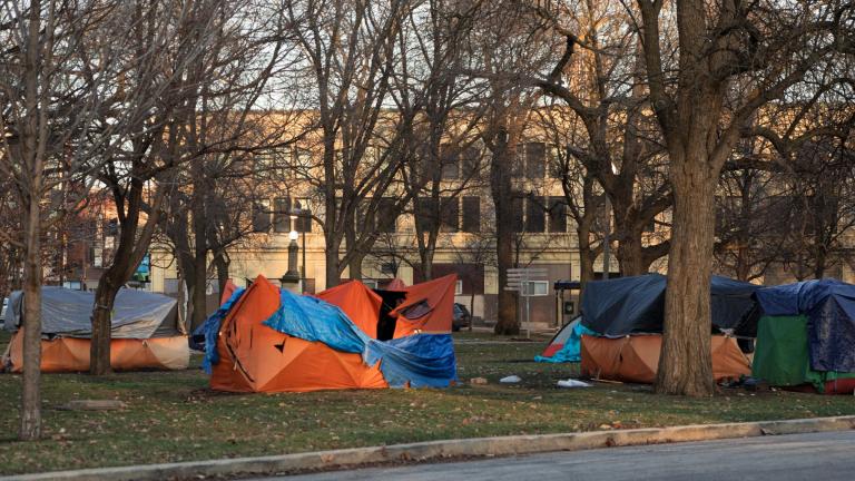 A homeless encampment in Chicago’s Humboldt Park is pictured in February 2024. (Michael Izquierdo / WTTW News) 