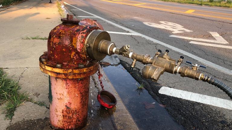A Reduced Pressure Zone valve, attached to hydrant, is designed to prevent backflow, but it also prevented many gardeners from accessing water this growing season. (Patty Wetli / WTTW News)