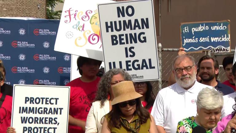 Community members at a news conference on July 28, 2025. (WTTW News)