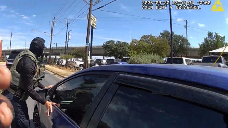 This image made from Immigration and Customs Enforcement (ICE) body camera footage shows an ICE officer stopping Wilber Rafael Garces Perez on Sunday, Sept. 20, 2026, in Austin, Texas. (Immigration and Customs Enforcement via AP)