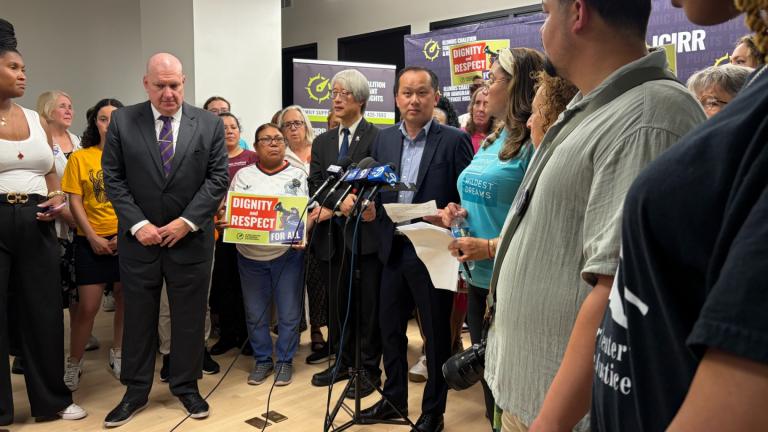 Chinese American Service League CEO Paul Luu speaks during a news conference on June 30, 2026, about immigrant rights advocacy groups reacting to the Supreme Court’s ruling upholding birthright citizenship. (Eunice Alpasan / WTTW News)