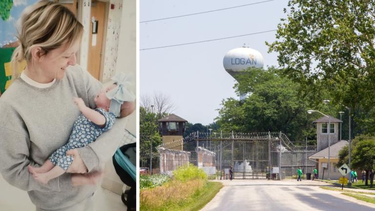 Left: Amy Hicks filed a lawsuit against the Illinois Department of Corrections and Wexford Health Sources alleging she was forced to undergo induced labor during the birth of her third child. (Courtesy of Amy Hicks) Right: Logan Correctional Center is pictured in a file photo. (Blair Paddock / WTTW News)
