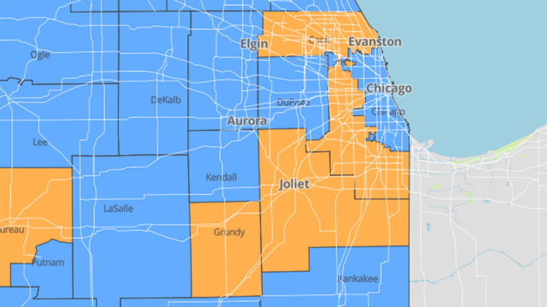 An IDPH map shows counties considered to be at a warning level for COVID-19 (orange) and counties that are stable (blue). Note that Chicago and suburban Cook are each considered a separate “county” by health officials tracking the virus. (IDPH)