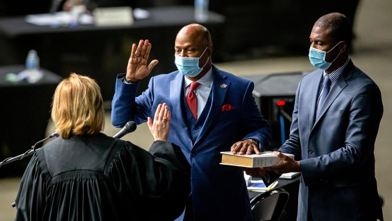 Illinois State Rep. Emanuel “Chris” Welch, D-Hillside, takes the Oath of Office to become the Illinois Speaker of the House for the 102nd General Assembly for the Illinois House of Representatives at the Bank of Springfield Center, Wednesday, Jan. 13, 2021, in Springfield, Ill. (Justin L. Fowler / The State Journal-Register / Pool)