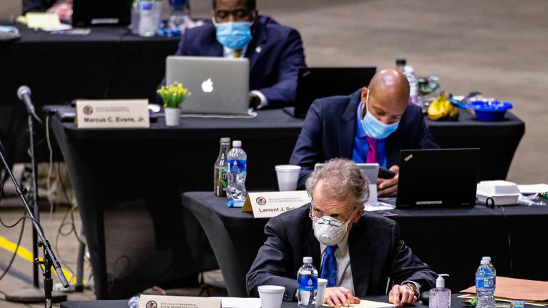 Illinois Speaker of the House Michael Madigan, D-Chicago, listens to debate of SB 671, a bill extending emergency rules on telehealth provisions related to the COVID-19 pandemic, during an extended session of the Illinois House of Representatives at the Bank of Springfield Center, May 23, 2020, in Springfield. (POOL PHOTO / Justin L. Fowler / The State Journal-Register)