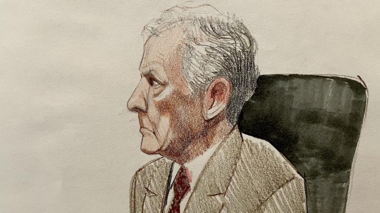 Former Illinois House Speaker Michael Madigan in federal court on Oct. 22, 2024. (Illustration by Cheryl Cook)