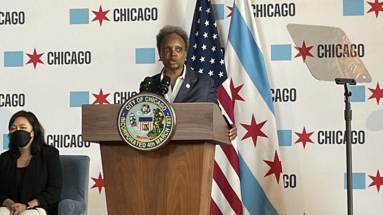 Mayor Lori Lightfoot unveils the forecast for the 2023 Chicago budget. (Heather Cherone/WTTW News)