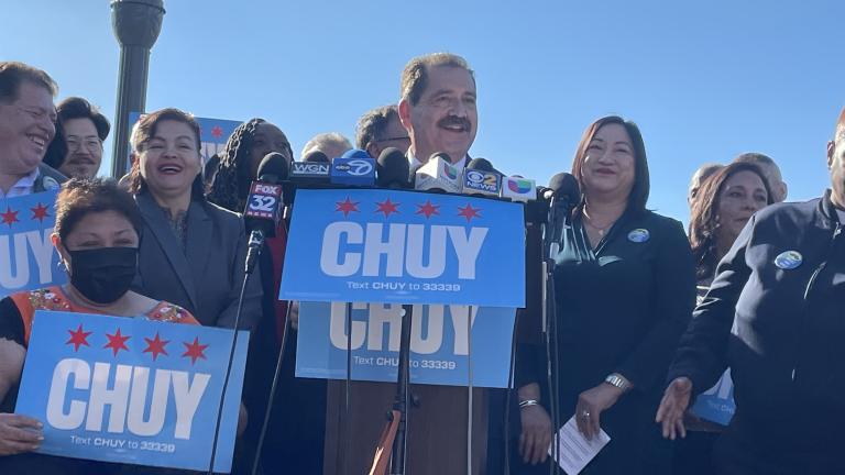 Flanked by supporters, U.S. Rep. Jesus "Chuy" Garcia launches a campaign for mayor of Chicago. (Heather Cherone/WTTW News)