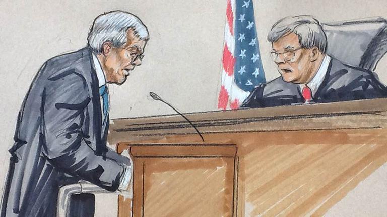Courtroom sketch by Thomas Gianni shows Dennis Hastert standing with the aid of a walker while U.S. District Judge Thomas Durkin asks him questions about molestation.