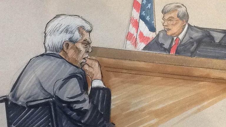 Courtroom sketch by Thomas Gianni shows Judge Thomas Durkin pronouncing the sentence upon Dennis Hastert.