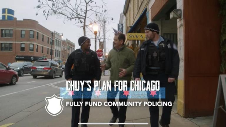 An image from the original version of the ad released by Jesús "Chuy" García showing uniformed Chicago Police Department officers. (YouTube / Chuy for Chicago)
