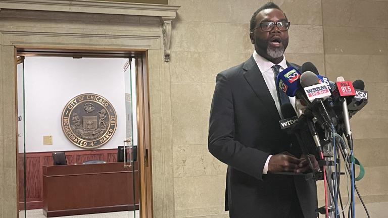 Mayor-elect Brandon Johnson takes questions from the news media after meeting with Mayor Lori Lightfoot on Thursday, April 6. (Heather Cherone/WTTW News)