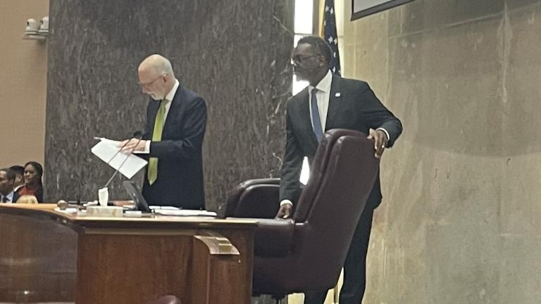 Mayor Brandon Johnson takes the rostrum in the Council Chambers for the first time on Wednesday, May 24, 2023. (Heather Cherone/WTTW News)