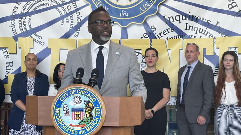 Mayor Brandon Johnson addresses the news media on Monday, July 17, 2023. (Heather Cherone/WTTW)