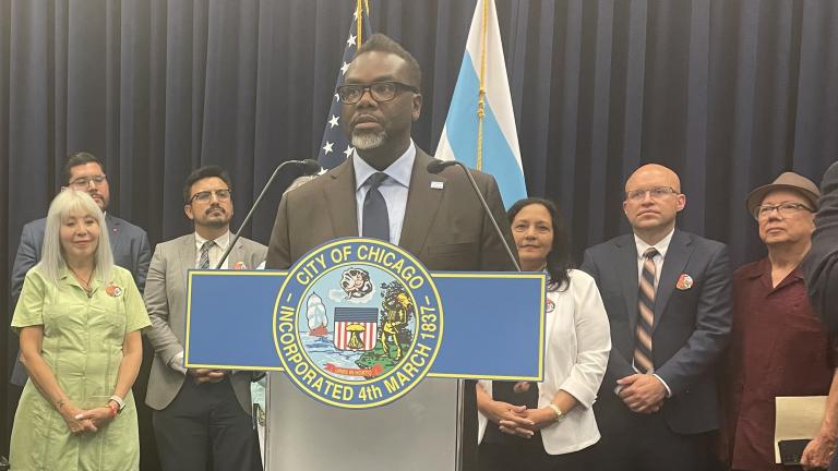 Mayor Brandon Johnson takes questions from the news media on Wednesday, July 19. (Heather Cherone/WTTW News)
