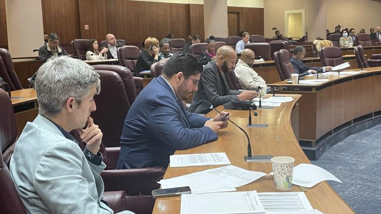 Ald. Carlos Ramirez-Rosa (35th Ward), center, attends a meeting of the City Council's Budget Committee hours after resigning as Mayor Brandon Johnson's top City Council ally. (Heather Cherone/WTTW News)