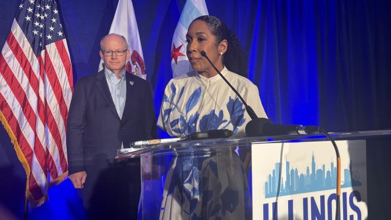 Lt. Gov. Juliana Stratton speaks to reporters at the Illinois delegation DNC breakfast on Tuesday, Aug. 20, 2024. (Heather Cherone / WTTW News)