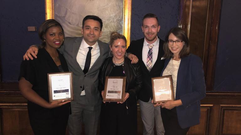 “Chicago Tonight” 2018 Lisagor Award winners Brandis Friedman, Paris Schutz, Amanda Vinicky, Nick Blumberg and Nicole Cardos attend the awards ceremony on Friday, May 10, 2019.