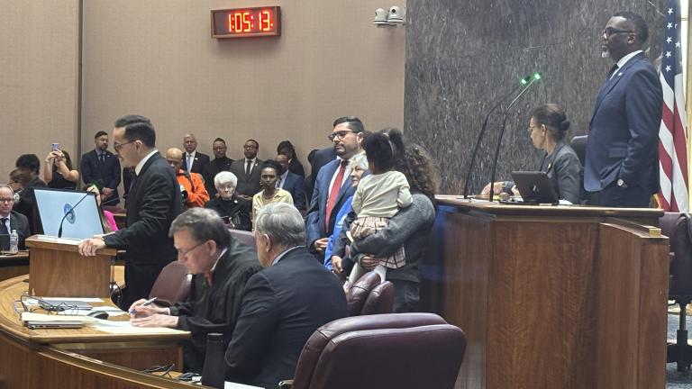 Ald. Anthony Quezada (35th Ward) addresses the Chicago City Council after being sworn in on April 7, 2025. (Heather Cherone / WTTW News)