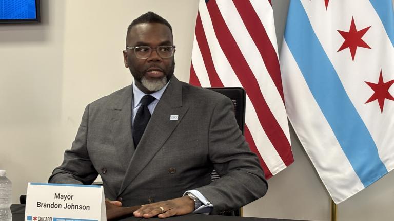Mayor Brandon Johnson addresses the news media on Tuesday, May 6, 2025. (Heather Cherone/WTTW News)