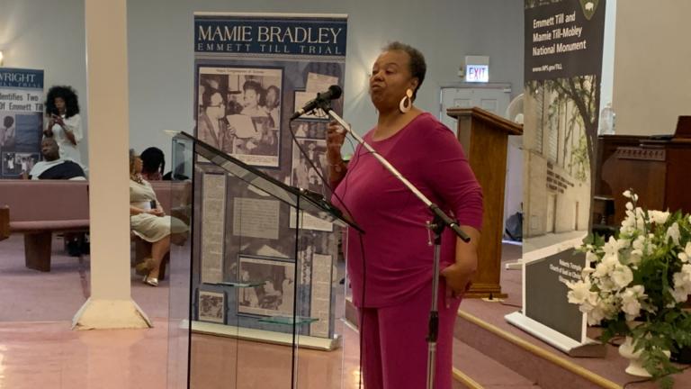 Ollie Gordon, Emmett Till’s cousin, speaks during an event commemorating Till’s life and birthday on July 25, 2025, at Roberts Temple Church of God in Christ in Bronzeville. (Eunice Alpasan / WTTW News)