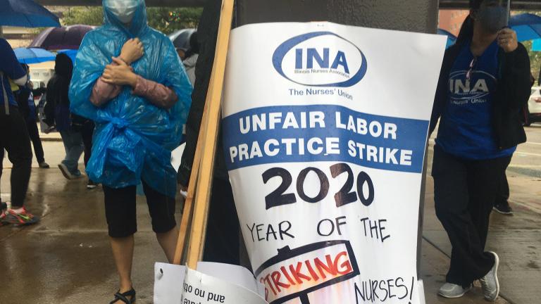 Nurses strike outside the University of Illinois Hospital on Saturday, Sept. 12, 2020, the first day of a planned seven-day strike. (Alma Campos / WTTW News)
