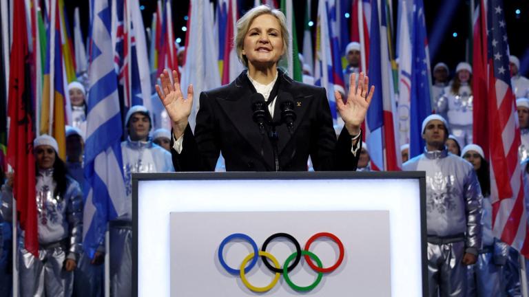 FILE - IOC President Kirsty Coventry speaks during the Olympic opening ceremony at the 2026 Winter Olympics, in Milan, Italy, Friday, Feb. 6, 2026. (Yves Herman / Pool Photo via AP, File)