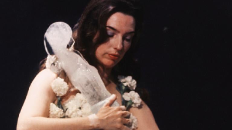 Charlotte Moorman performs Jim McWilliams’s Ice Music for Sydney, Art Gallery of New South Wales, 1976. Photographer unknown. (Courtesy of Kaldor Public Art Projects) 