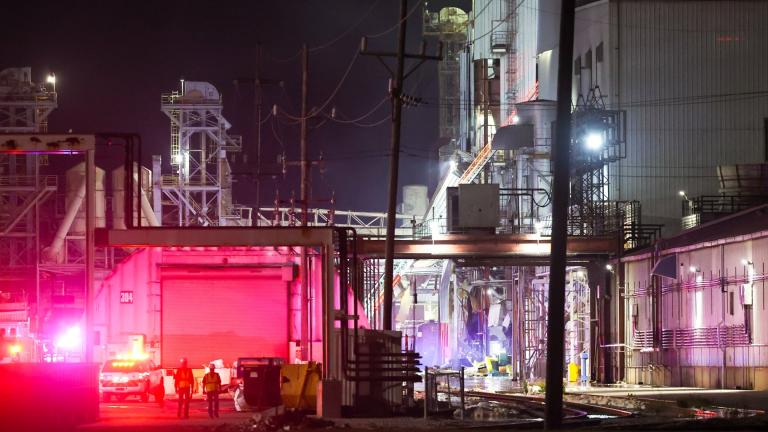 Fire crews respond to the scene at Archer Daniel Midland Co. after an explosion at the East Plant on East Faries Parkway in Decatur, Ill., Sunday, Sept. 10, 2023. (Joseph Ressler/Herald & Review via AP)